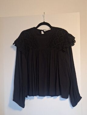 Black Eyelet Yoke Long-Sleeve Top